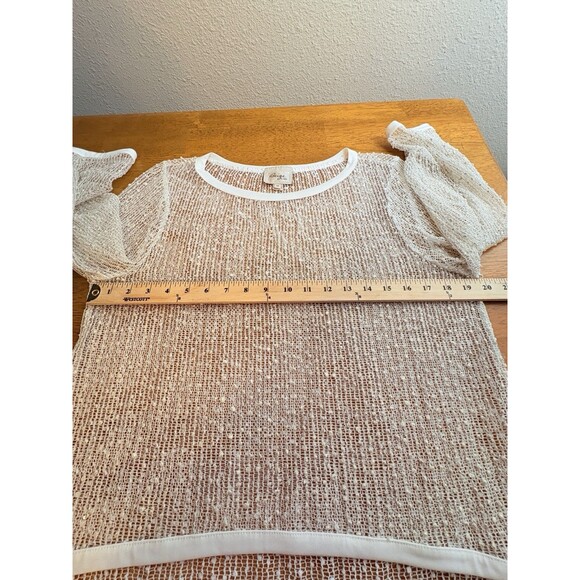 Beige By ECI Womens Sz 12 Sheer Open Weave Top Gold Sparkles Long Sleeve Holiday - Picture 6 of 8